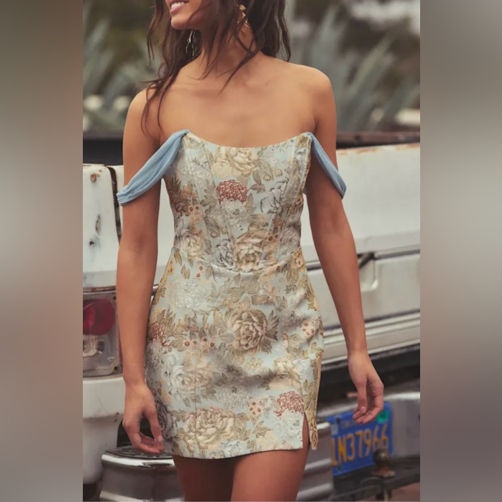 Lulus Captivating Personality Light Blue Jacquard Bustier Mini Dress